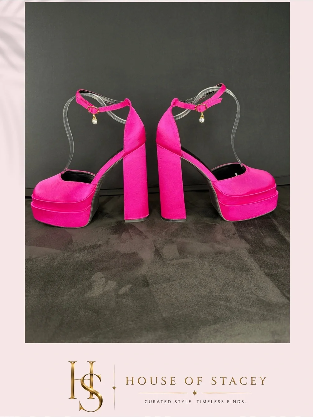 Hot Pink Satin Platform Ankle Strap Block Heels Size 9